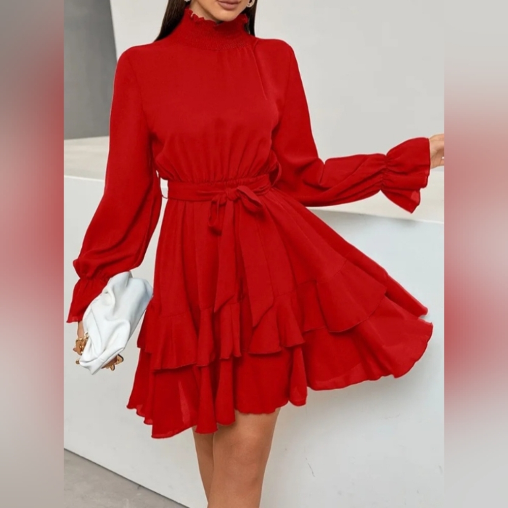 Chic HIGH COLLAR LONG SLEEVE A LINE RUFFLE HEMLINE DRESS SIZE L NWOT - Picture 3 of 11